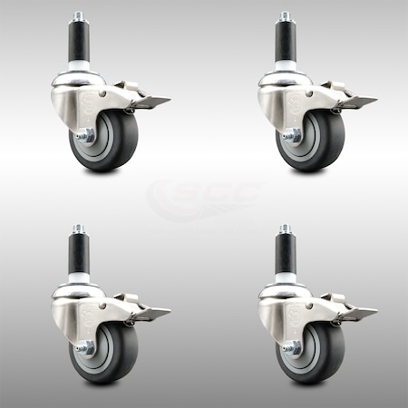 Service Caster 3 Inch 316SS Thermoplastic Rubber Swivel 1 Inch Stem Caster Set Lock Brake SCC-SS316TTLEX20S314-TPRB-1-4